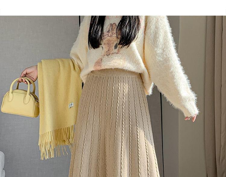 High Rise Plain Knitted Midi A-Line Skirt Product Image