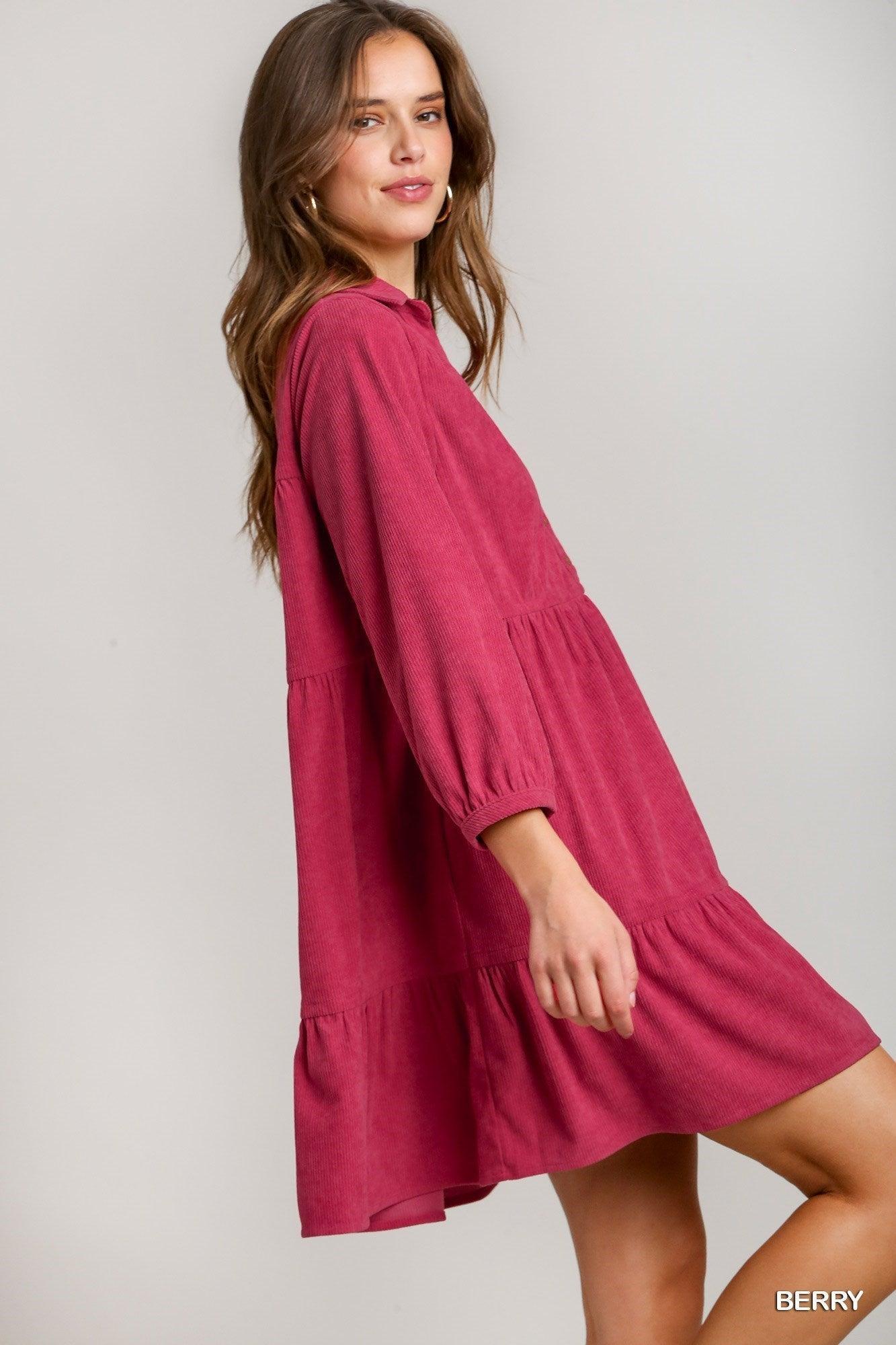 Solid Corduroy Collared V-Neck Button Down Shirt Dress with Stitch Detail Product Image