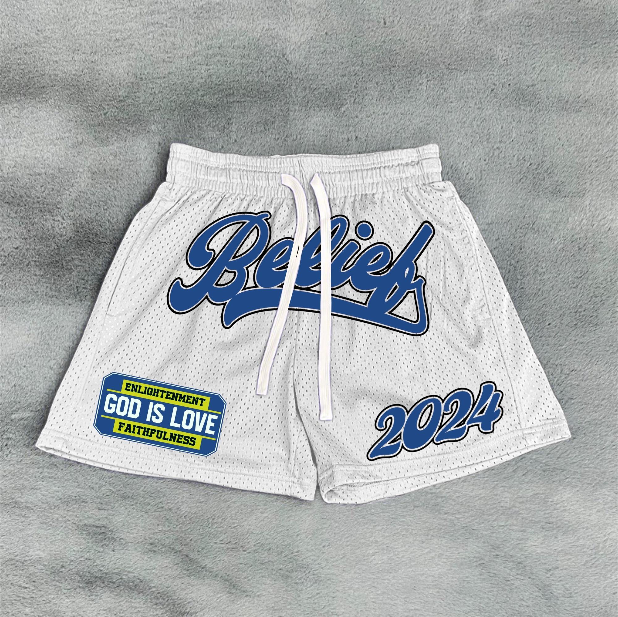 Street Vintage Mesh 2024-Belief In God Dot Printed Shorts Product Image