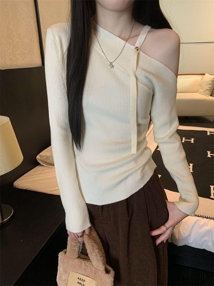 Long-Sleeve Asymmetrical Neck Cold-Shoulder Plain Ribbed Knit Top Product Image