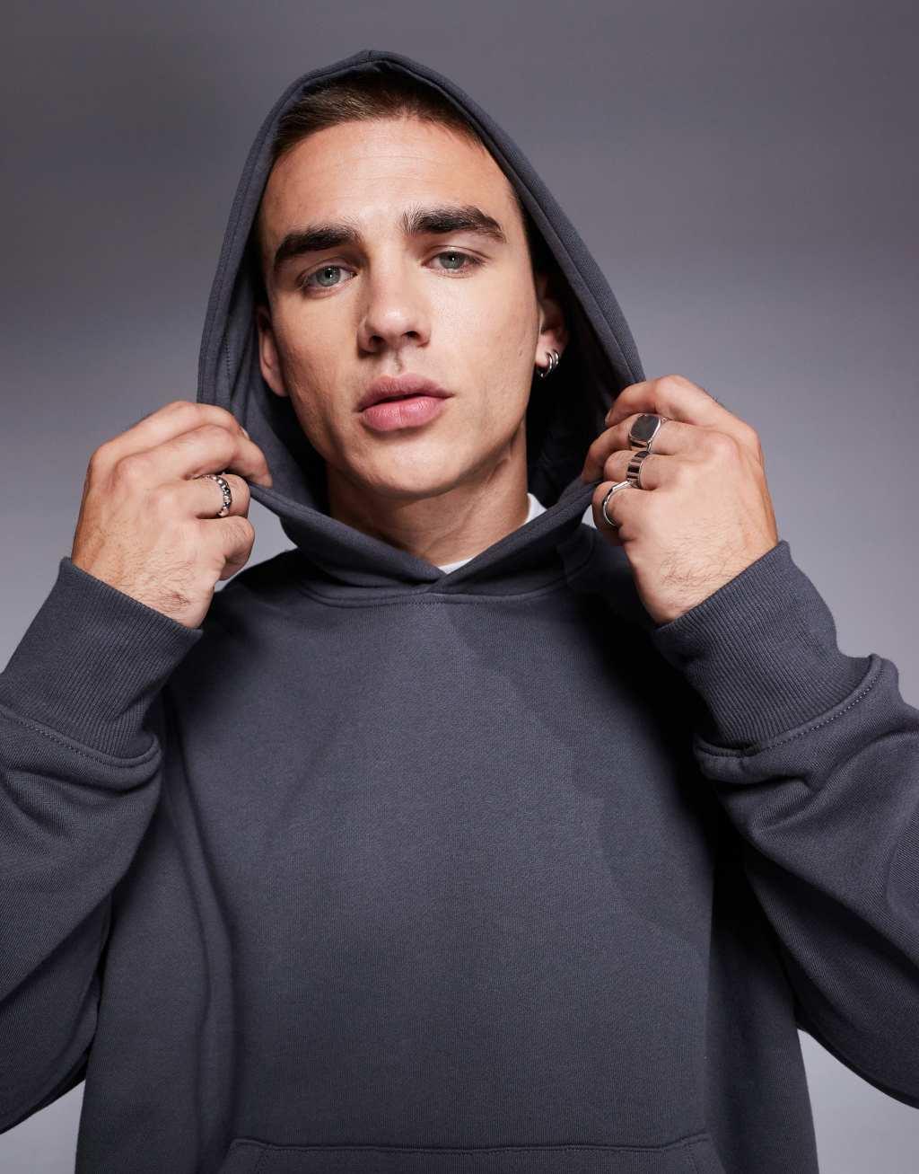 ASOS DESIGN premium heavyweight oversized hoodie in washed black Product Image