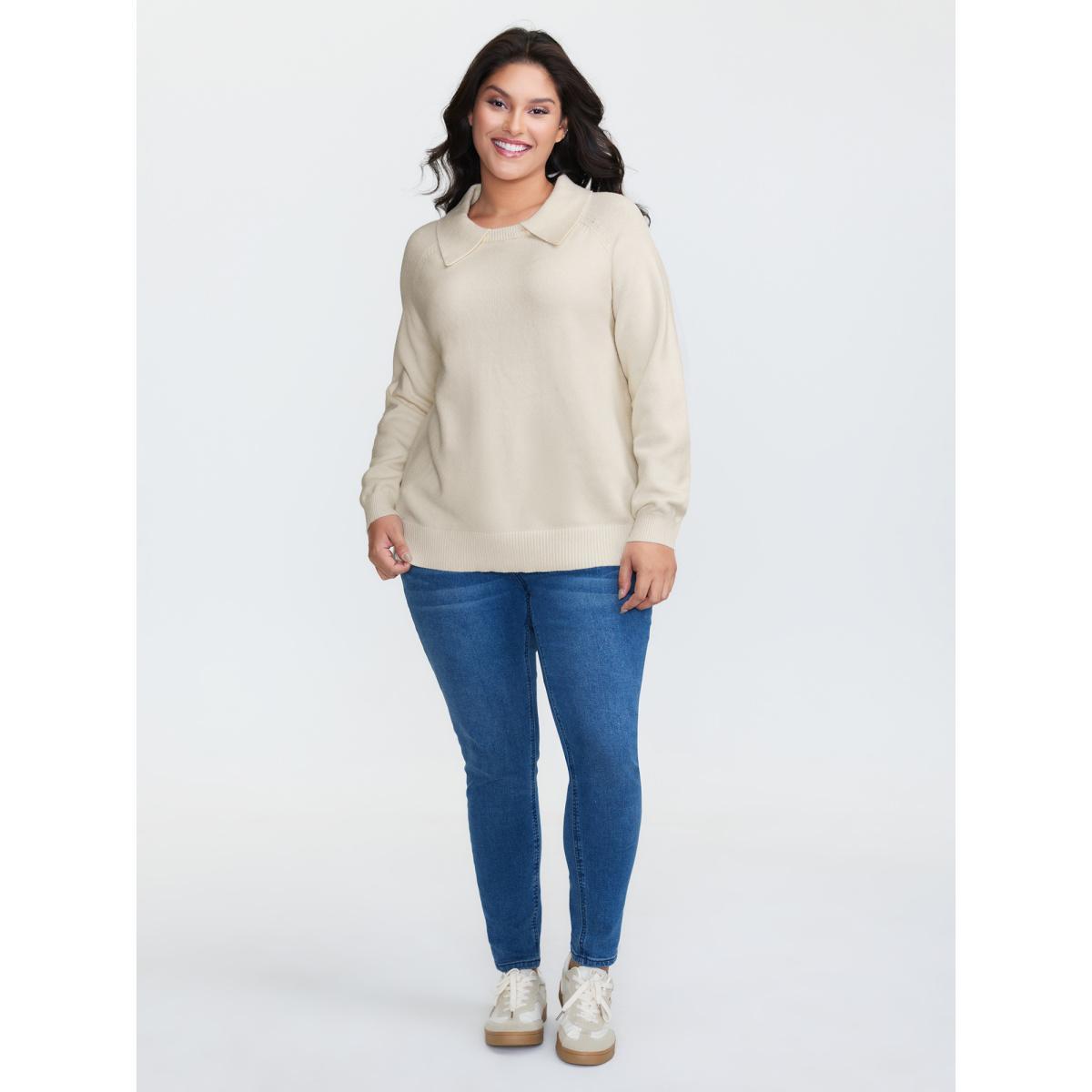 Plus Size 2 In 1 Shirt Collar Relaxed Fit Pullover Ivory Women Leisure Loose Long Sleeve Round Neck Casual Pullovers BloomChic 10/M Product Image