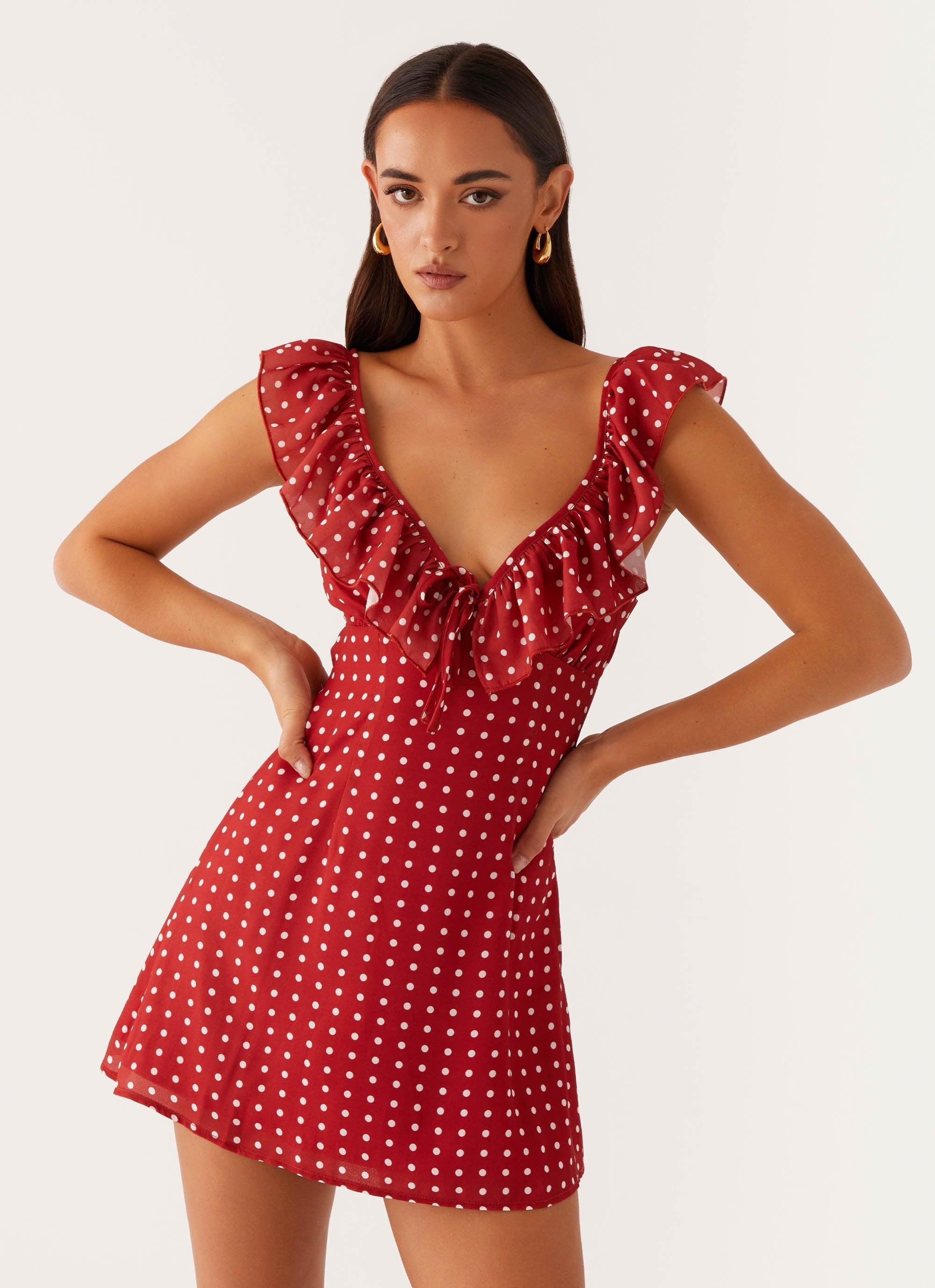 Adrina Ruffle Mini Dress - Red Polka Dot Product Image