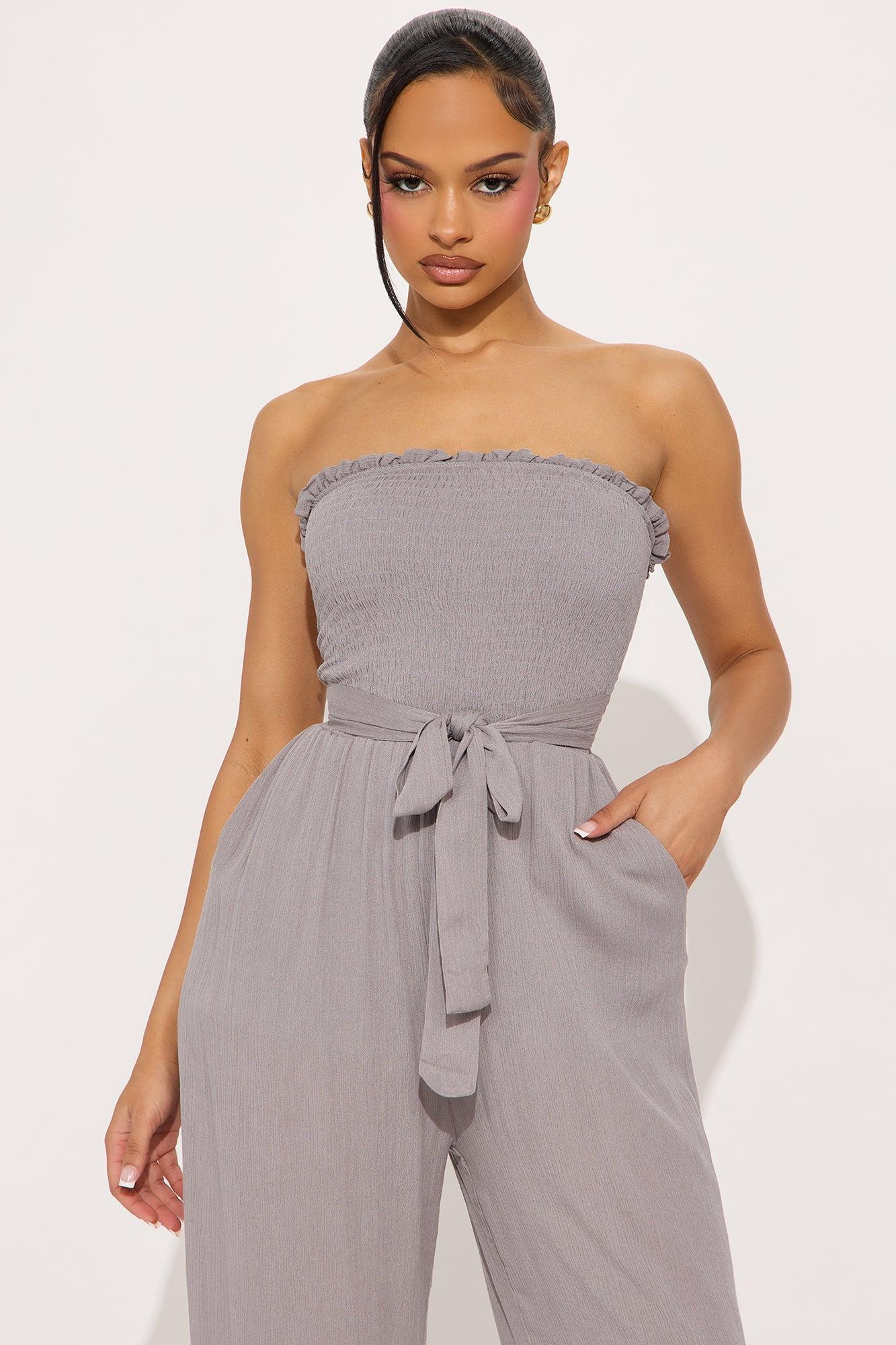 Somalyta Smocked Strapless Jumpsuit - Grey Product Image
