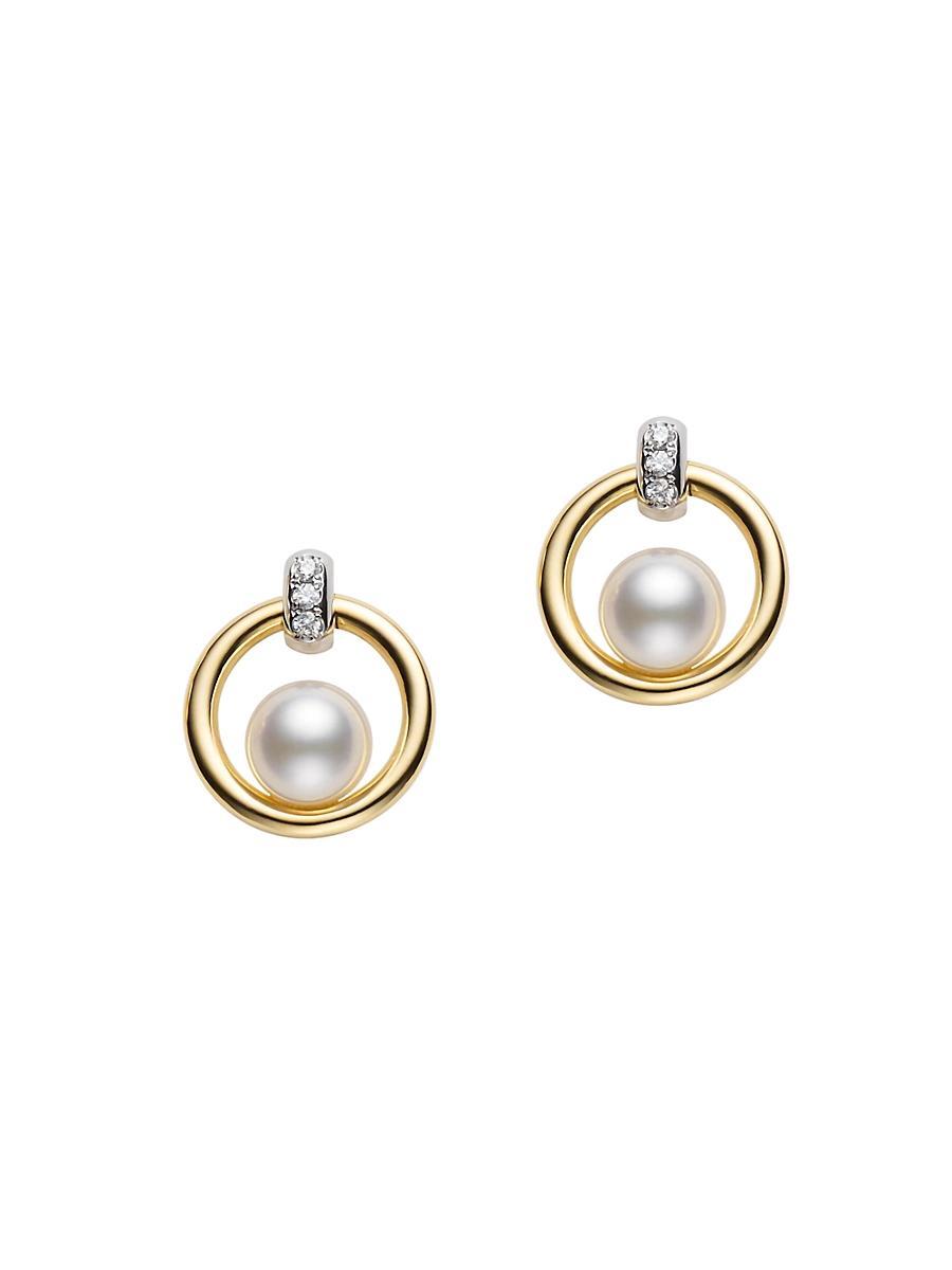 Womens Circle Two-Tone 18K Gold, Diamond & Floating 5.5MM Cultured Akoya Pearl Drop-Hoop Earrings Product Image