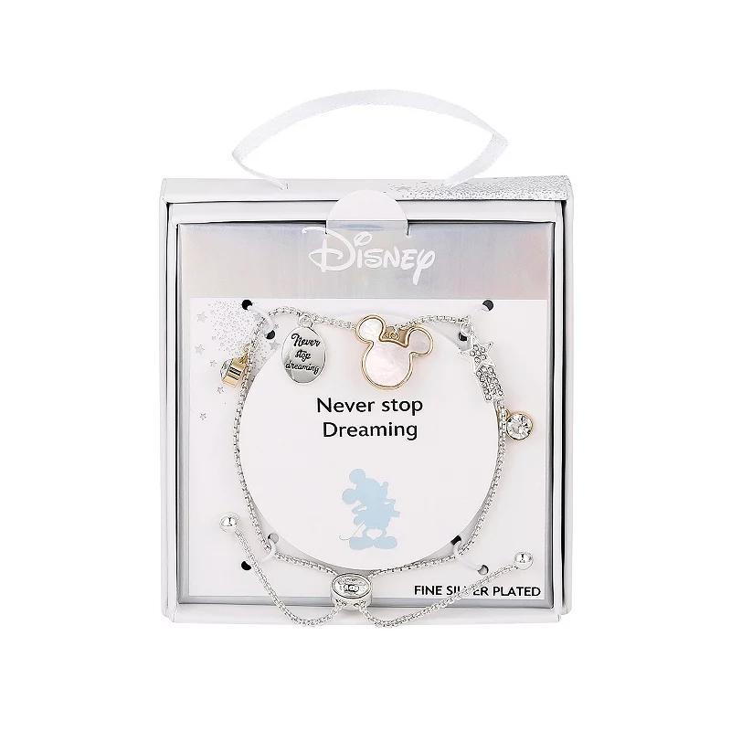 Disneys Mickey Mouse Fine Silver Plated Crystal Never Stop Dreaming Charm Bolo Bracelet, Womens Gold Tone Product Image