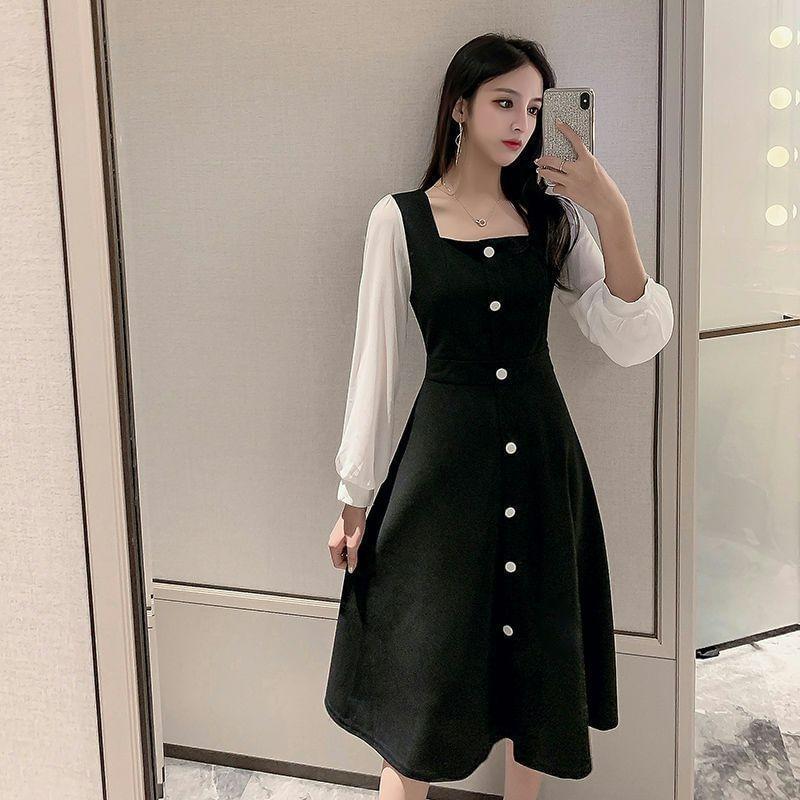 Puff-Sleeve Square Neck Two Tone A-Line Dress Product Image