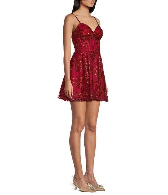 Blondie Nites Floral Glitter Patterned Drape Neck Spaghetti Strap Corset A-line Party Dress Product Image