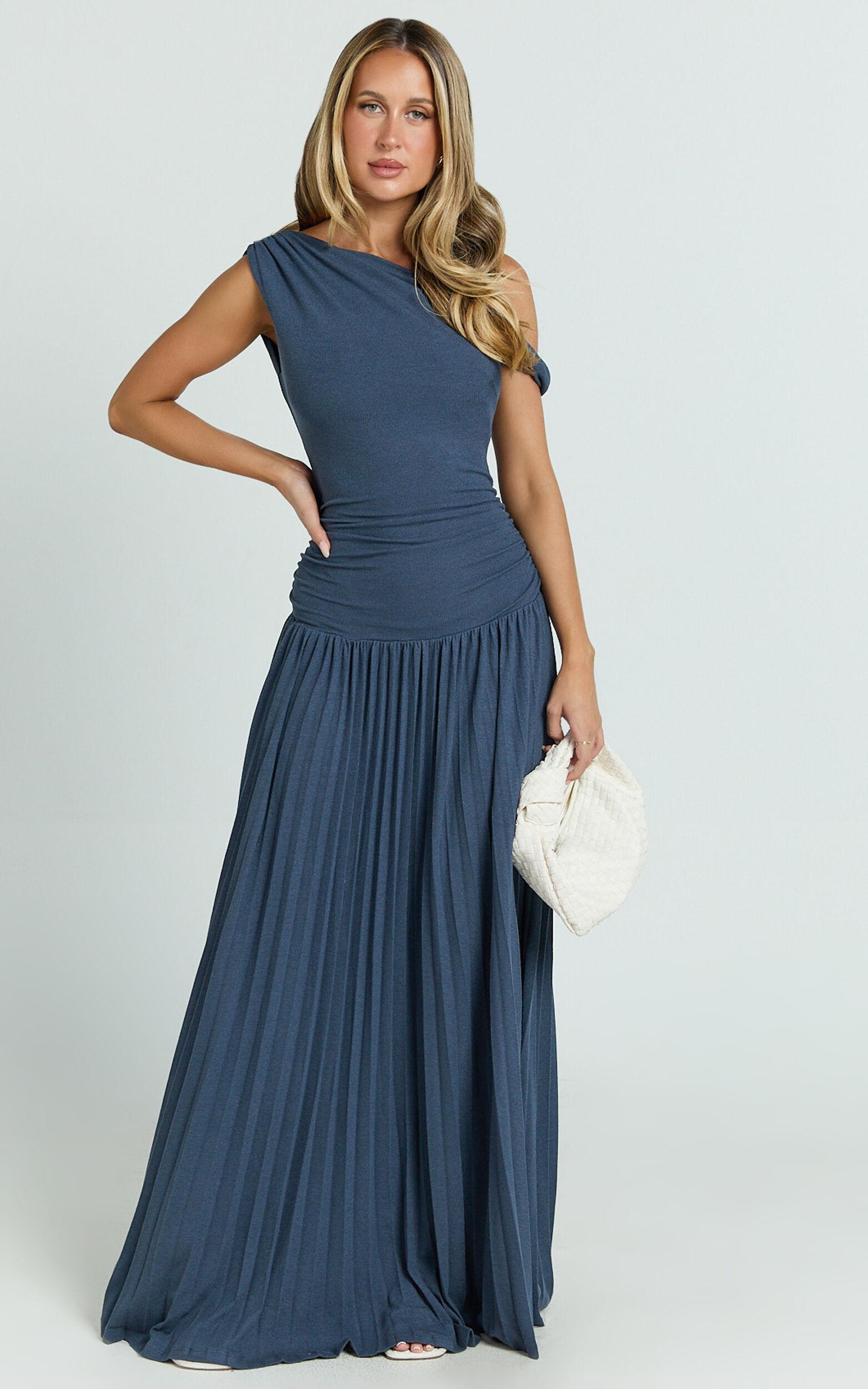 Yvonne Maxi Dress - Jersey Tip Shoulder Ruched Dress in Navy Product Image