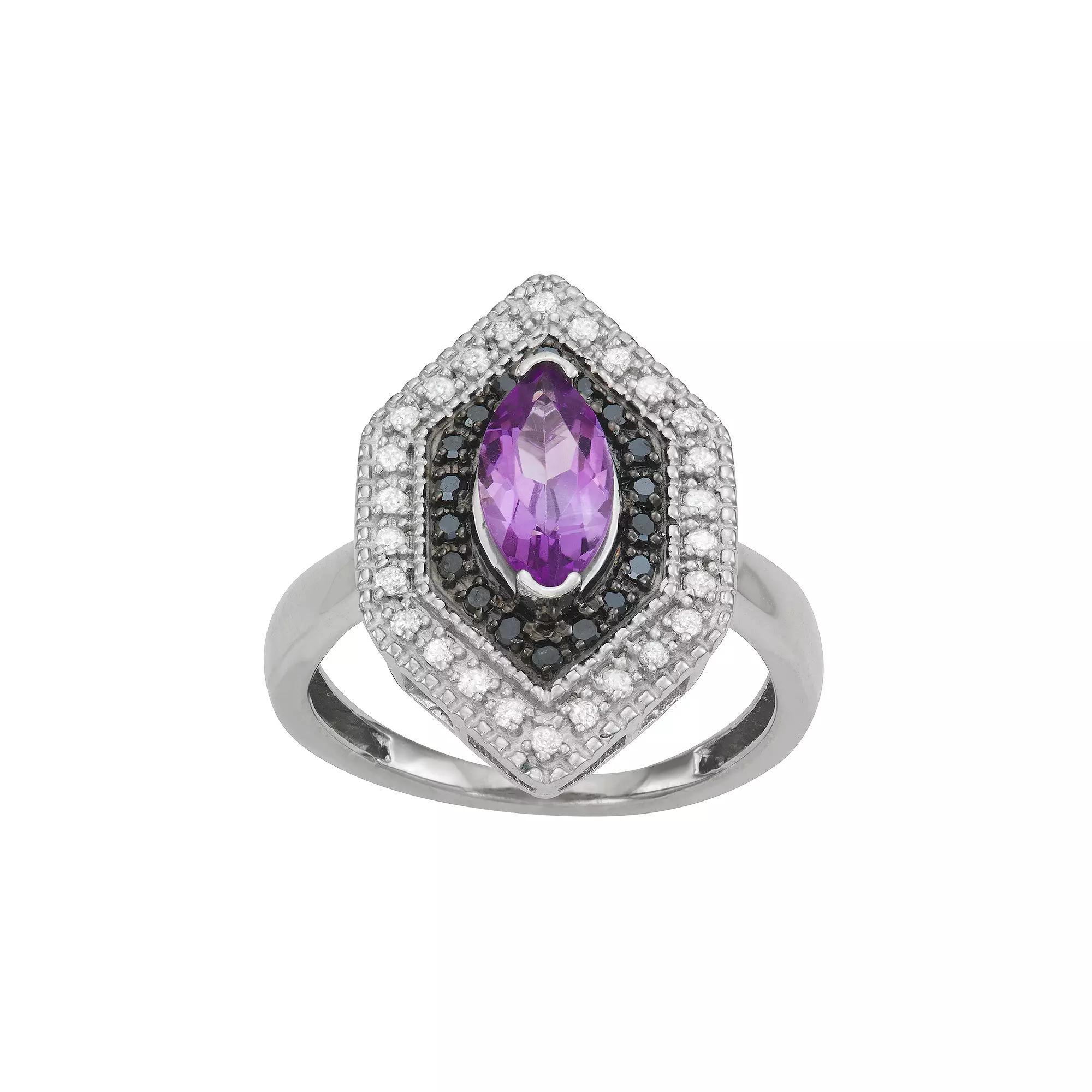 Jewelexcess Sterling Silver Genuine Amethyst & 1/3 Carat T.W. Black & White Diamond Ring, Women's, Size: 6, Purple Product Image