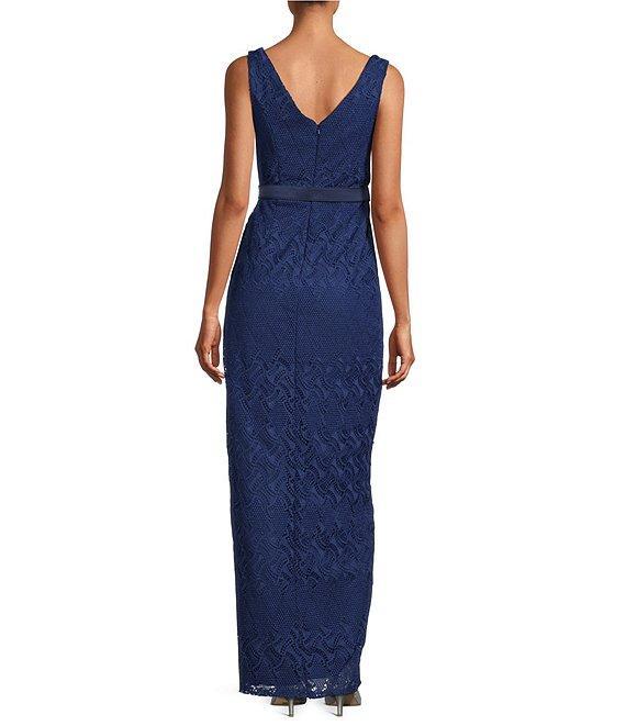 Kay Unger Geometric Lace Surplice V-Neckline Sleeveless Belted Gown Product Image