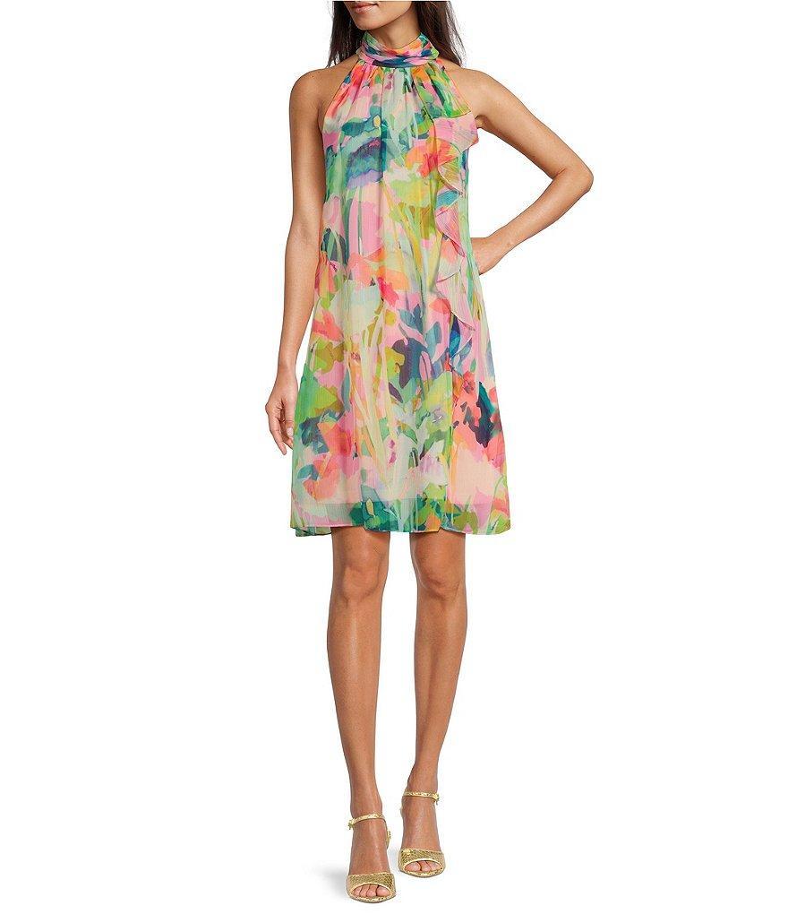 Adrianna Papell Chiffon Floral Print Halter Neck Sleeveless Shift Mini Dress Product Image