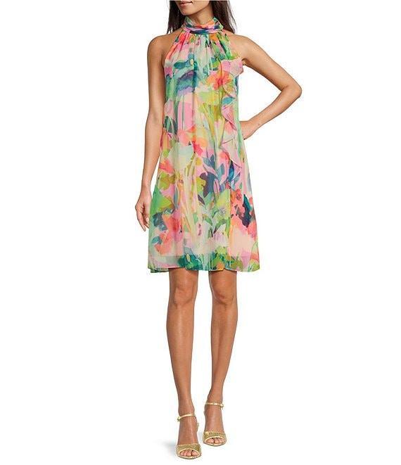 Adrianna Papell Chiffon Floral Print Halter Neck Sleeveless Shift Mini Dress Product Image