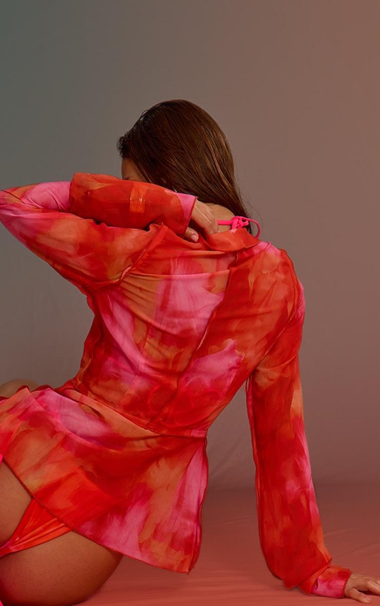 Orange Ombre Print Long Sleeve Tie Front Beach Shirt Product Image