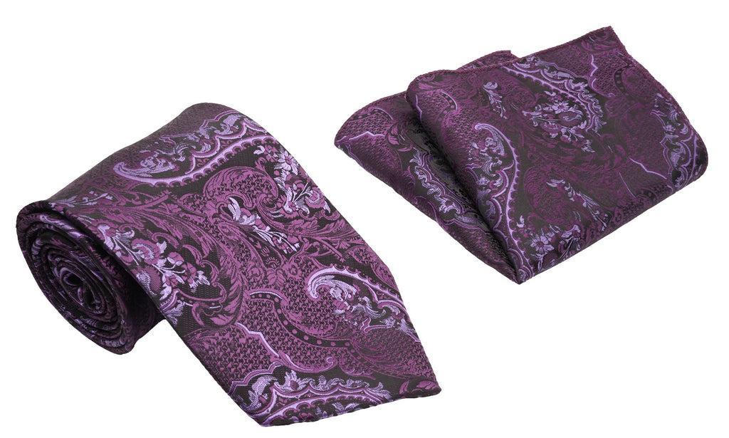 Purple Jacobean Pattern Men's Classic Tie and Pocket Square Set Product Image