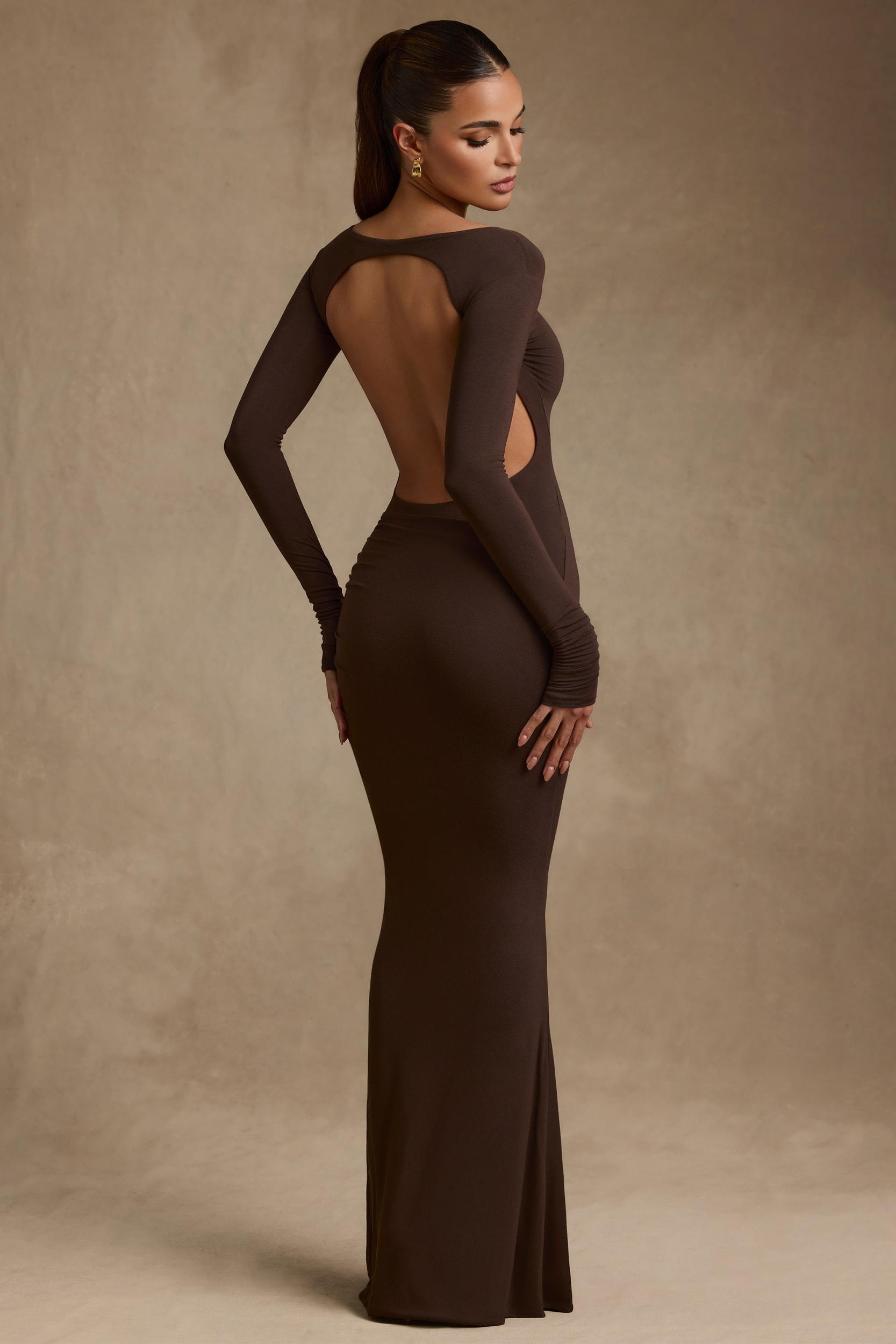 Modal Ruched Backless Maxi Dress in Chocolate Brown Product Image