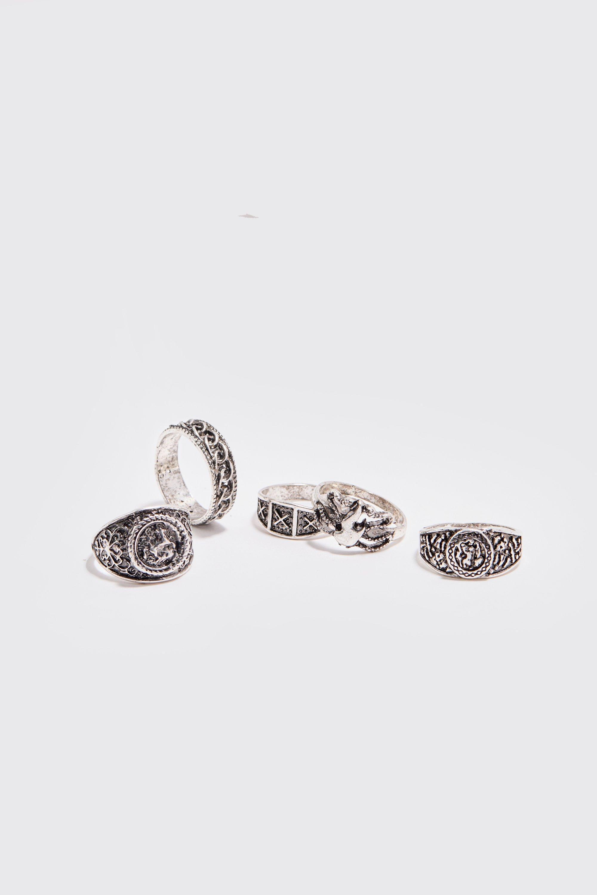 Mens 5 Pack Embossed Rings in Silver - Grey Product Image