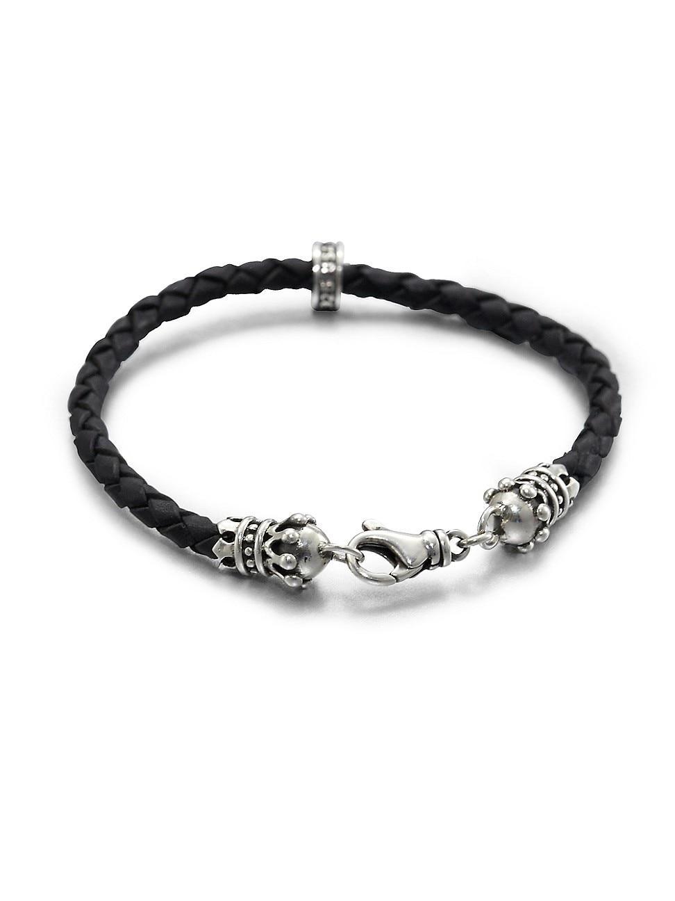 King Baby Studio Small Leather Braided Sterling Silver Crown Bracelet Product Image