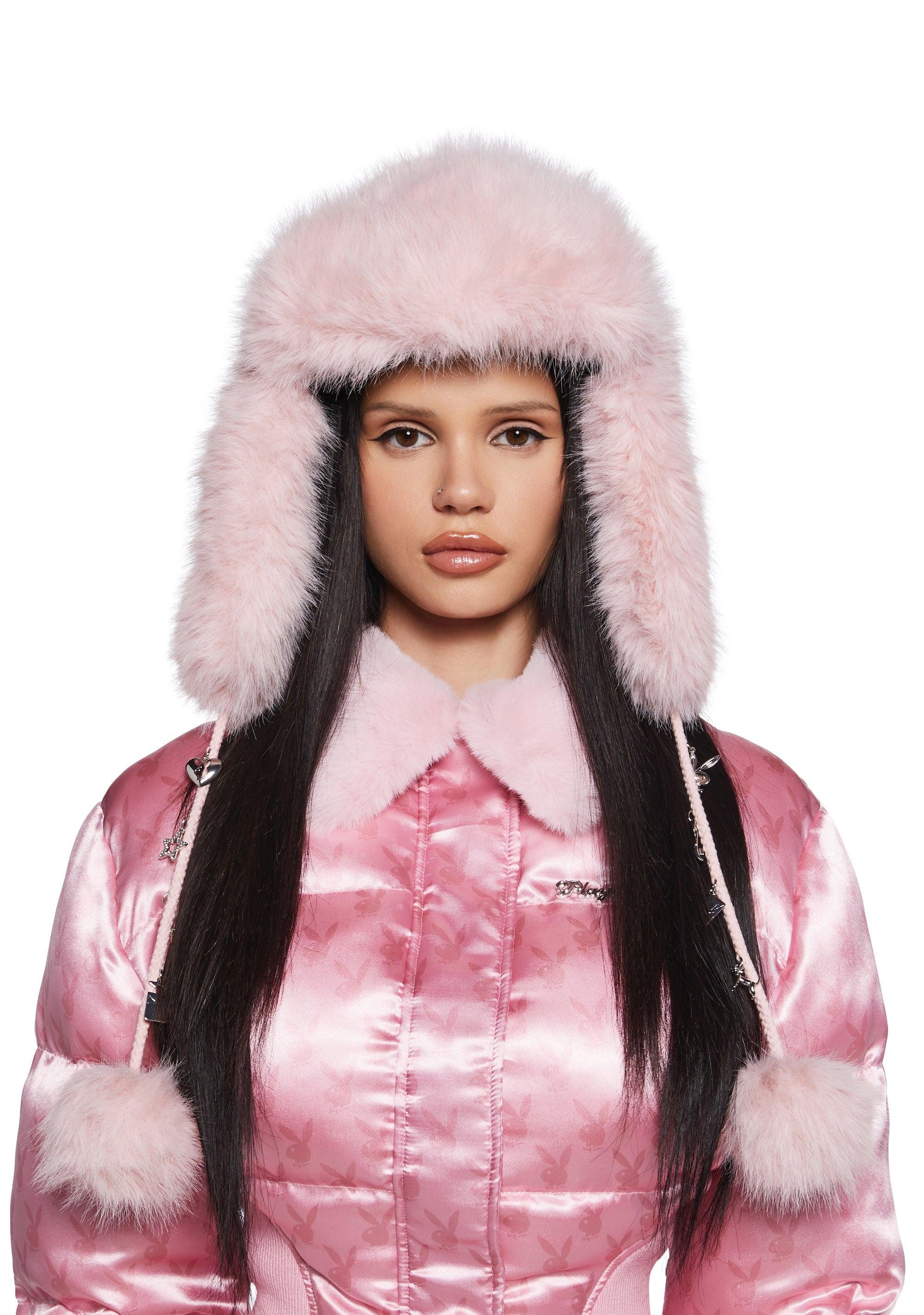 Dolls Kill x Playboy Playmate Faux Fur Metal Charm Trapper Hat - Pink Product Image