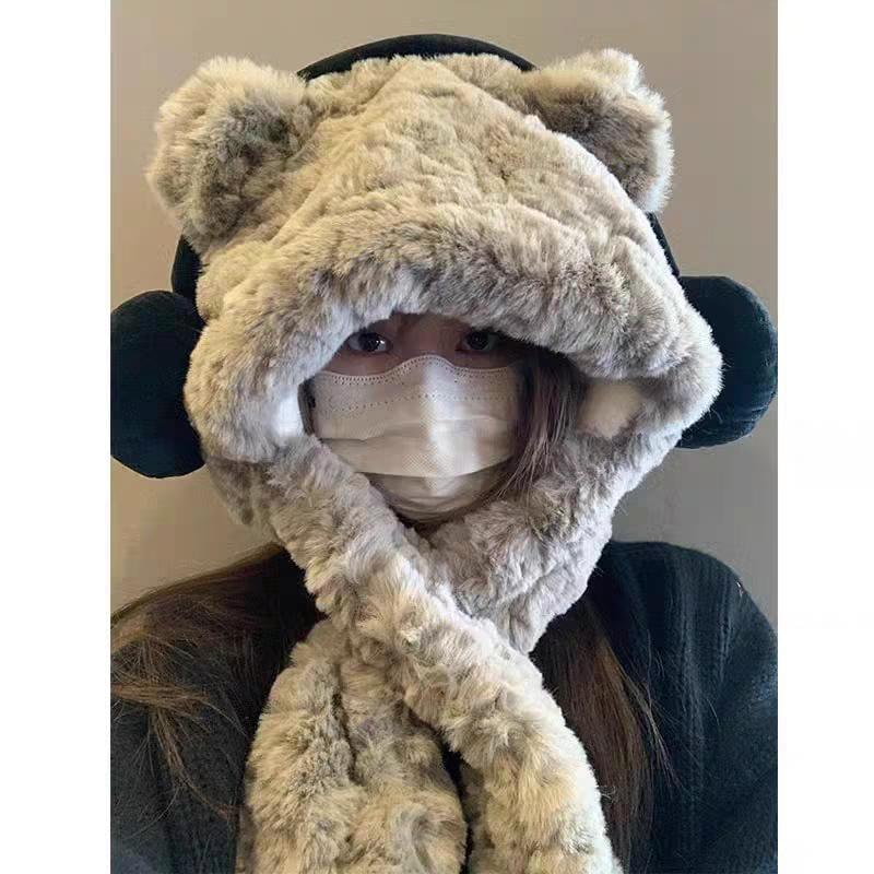 Bear Ear Fluffy Hooded Scarf / Ribbed Beanie Product Image