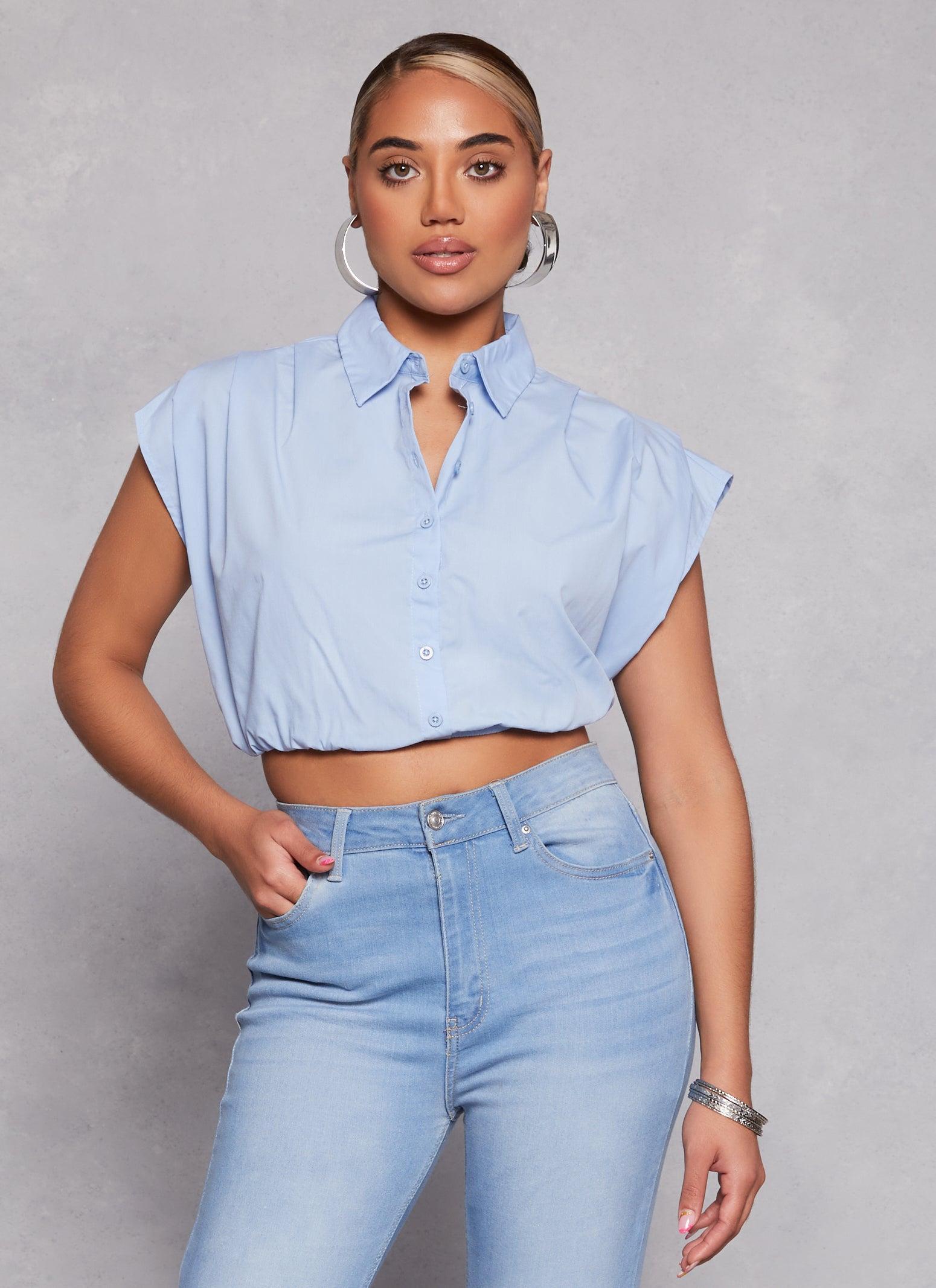 Womens Poplin Cap Sleeve Cropped Shirt Product Image