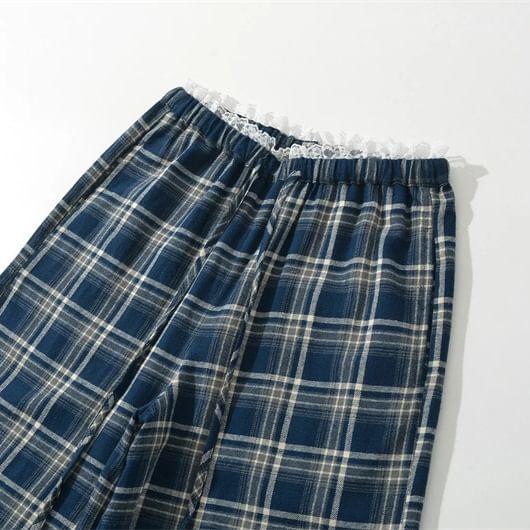 Drawstring Waist Plaid Lace Trim Wide Leg Pants Product Image