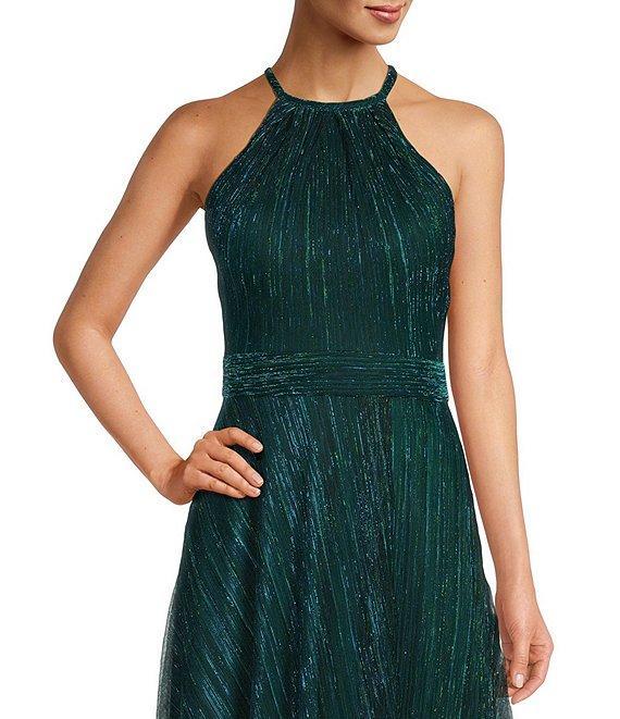 Betsy & Adam Petite Size Metallic Crinkle Halter Neck Sleeveless Gown Product Image