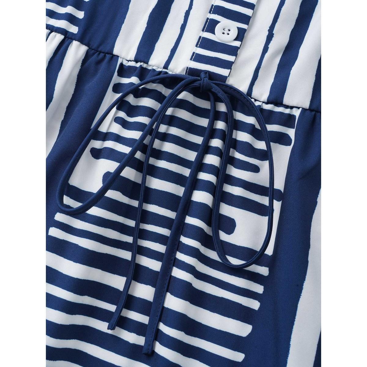 Plus Size Notched Collar Striped Patchwork Drawstring Dress DarkBlue Women At the Office Tie knot Notched collar Short sleeve Curvy BloomChic 14-16/1X Product Image