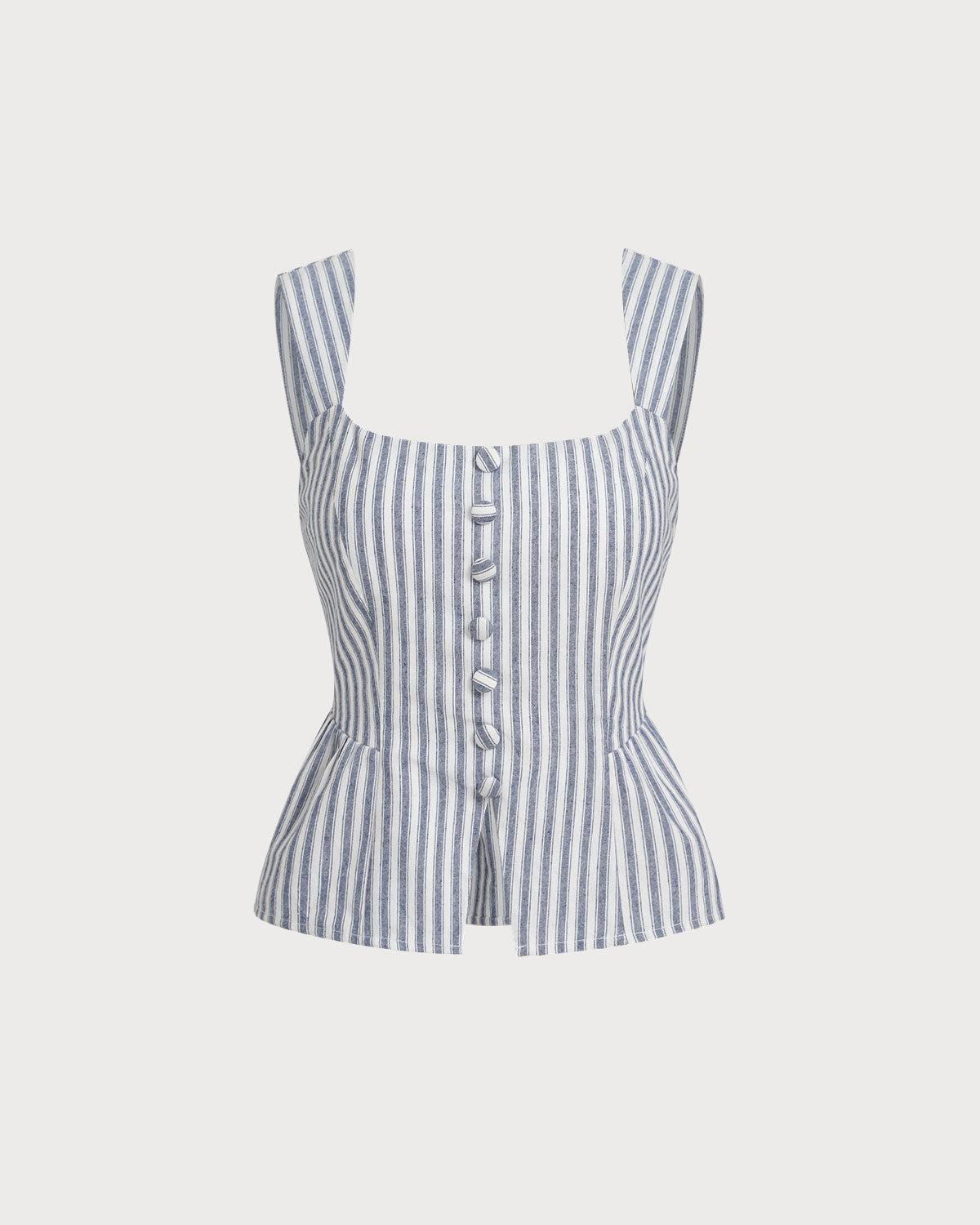Blue Striped Square Neck Tank Top Product Image