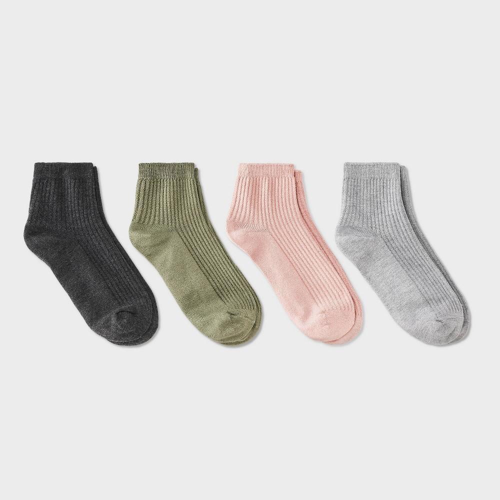 Women's Ultra Soft Everyday Rib-Knit 4pk Ankle Socks - Auden™ Green/Heather Gray/Pink 4-10: Midweight, Rib Cuffs Product Image