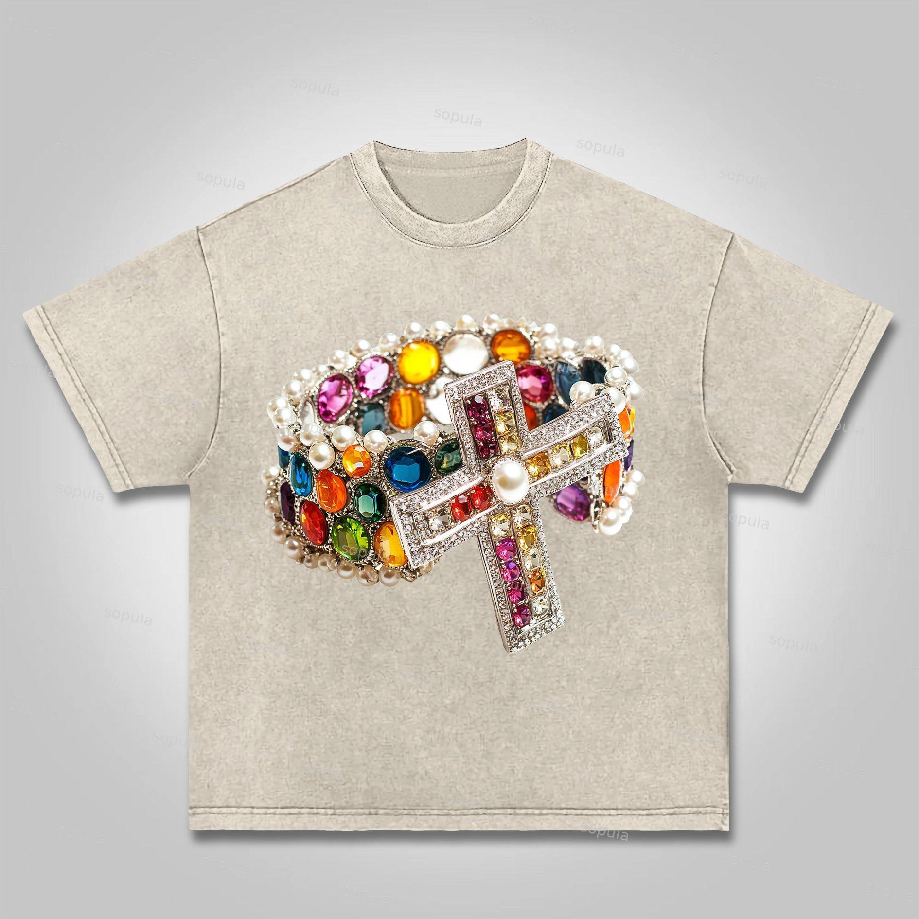 Sopula Vintage Diamond Cross Graphic Print Acid Washed T-Shirt Product Image