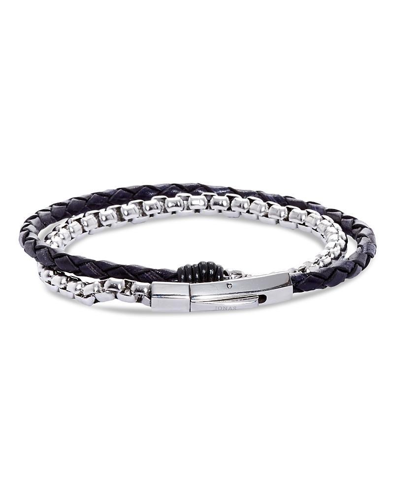 Mens Braided Leather & Steel Chain Double Wrap Bracelet Product Image