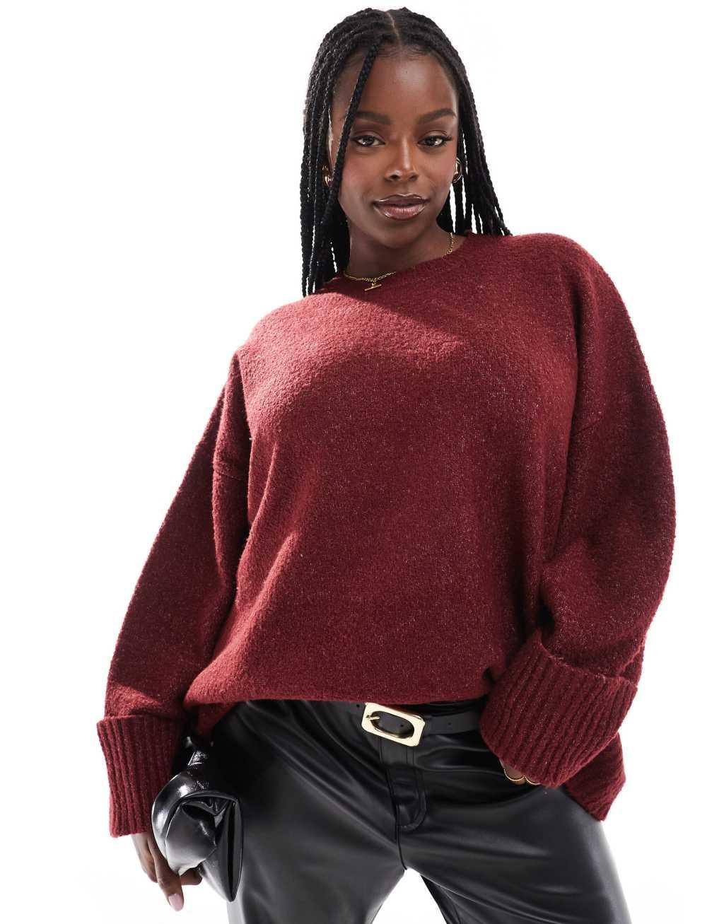 Pretty Lavish Curve oversized borg sweater in burgundy Product Image