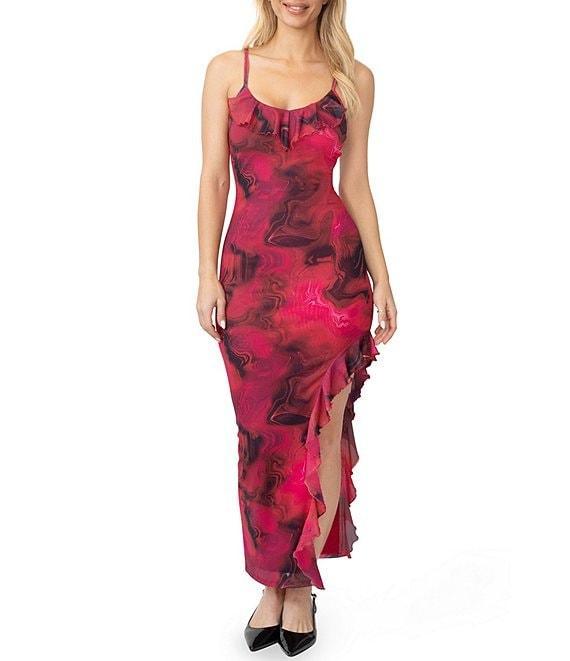 Stevie by Steve Madden Printed Power Mesh Ruffle V-Neck High Slit Dress Product Image