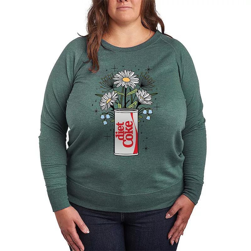 Plus Size Diet Coke Flowers French Terry Long Sleeve Tee, Womens Grey Green Product Image