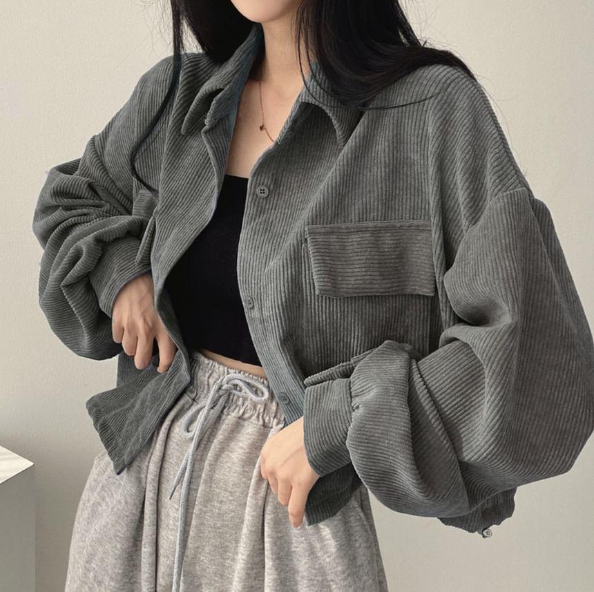 Plain Corduroy Loose-Fit Crop Shirt Jacket Product Image