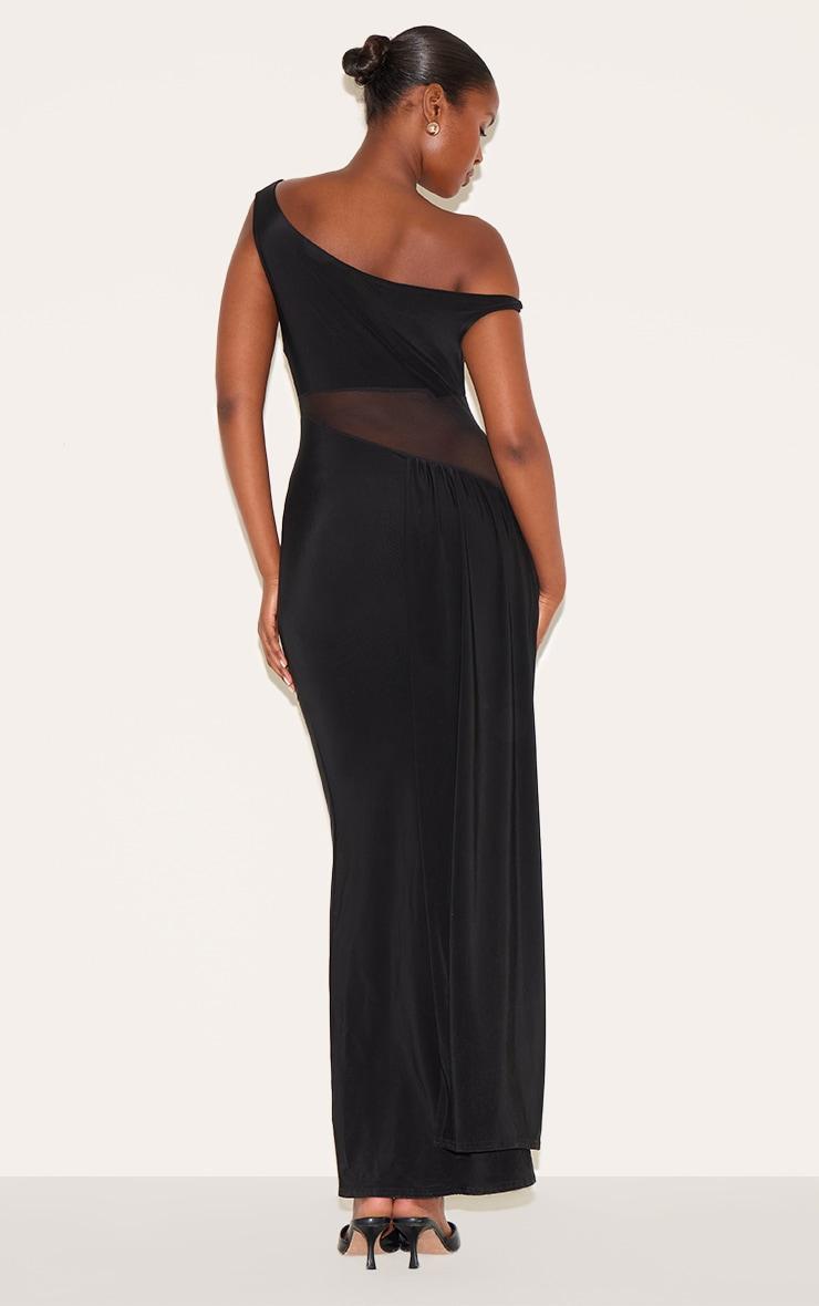 Black Slinky Asymmetric Mesh Cut Out Maxi Dress Product Image