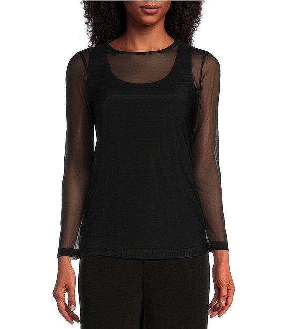 IC Collection Sheer Mesh Crew Neck Long Sleeve Knit Top Product Image
