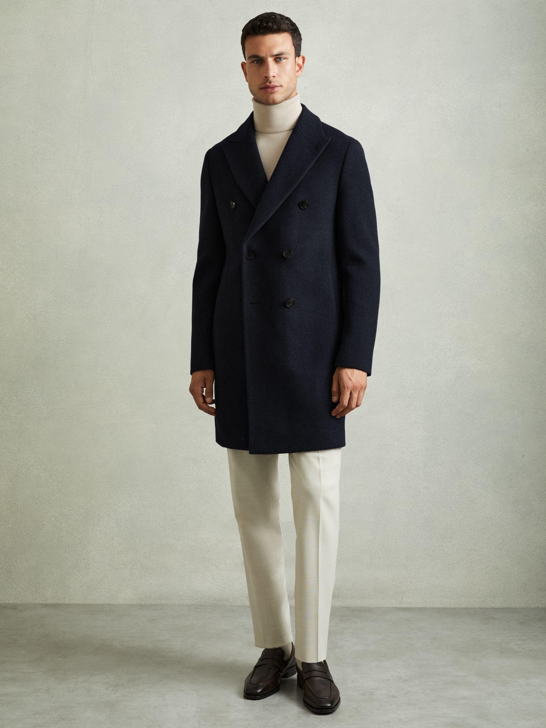 Wool Blend Herringbone Twill Overcoat in Navy Herringbone Product Image