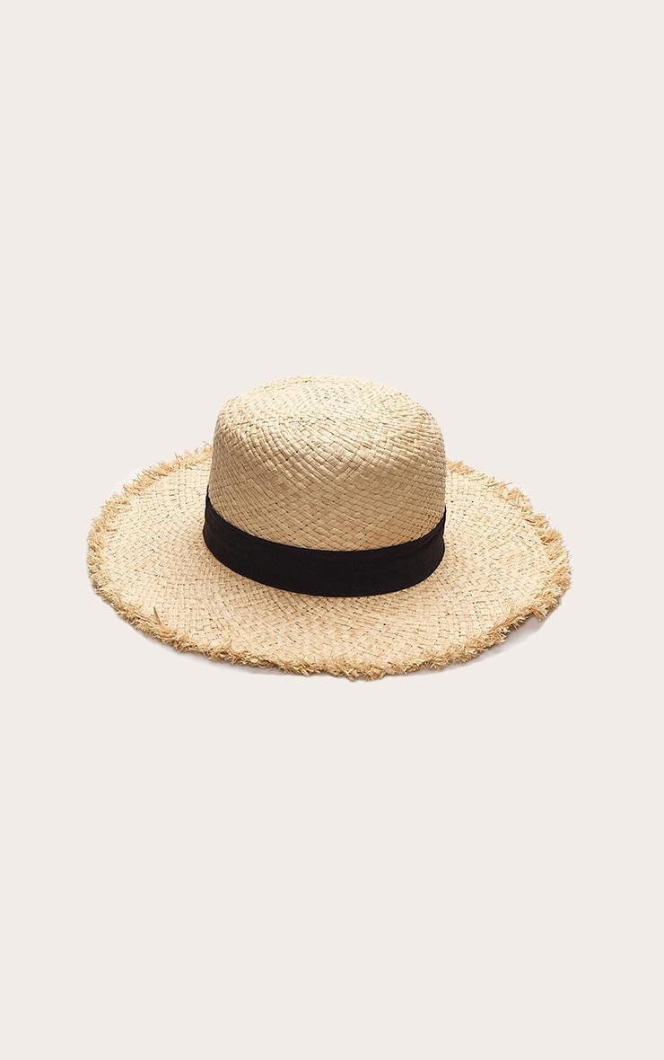 Natural Raffia Frayed Straw Sun Hat with Black Ribbon Detail Product Image