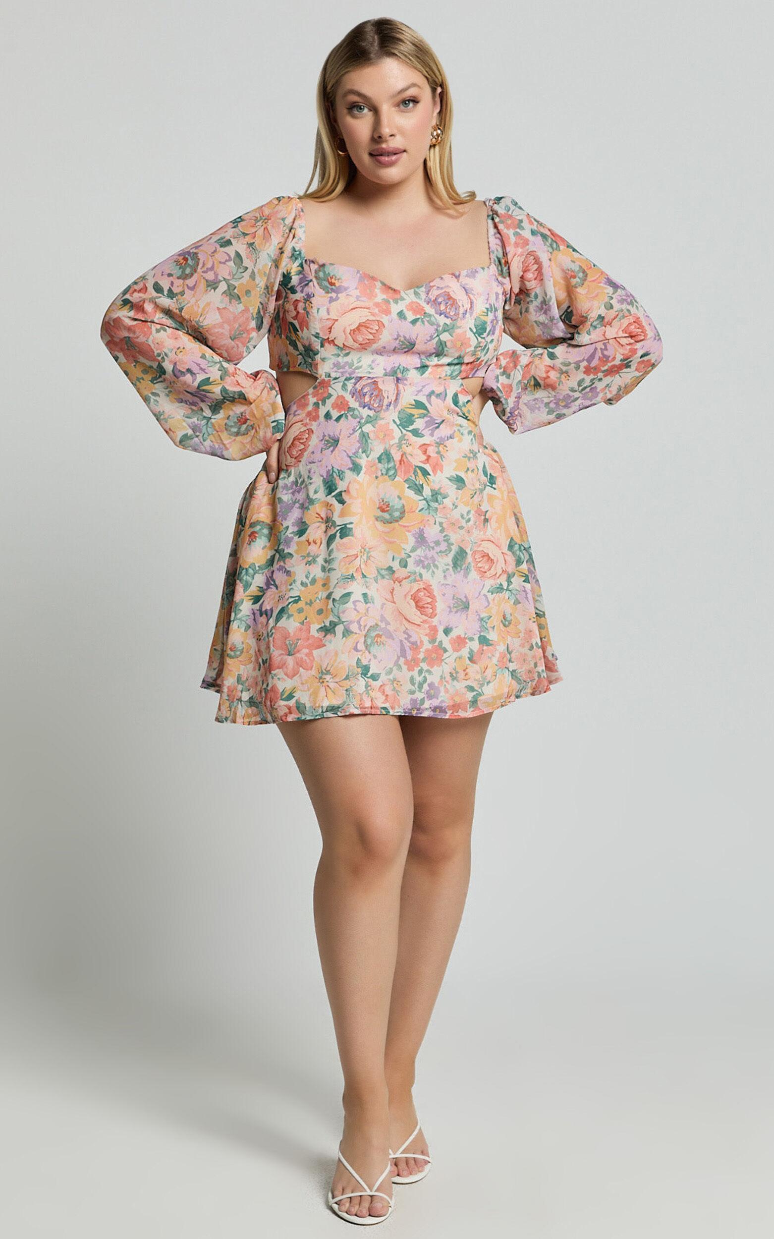 Ebonee Mini Dress - Puff Sleeve Cut Out Dress in Flower Crown Product Image