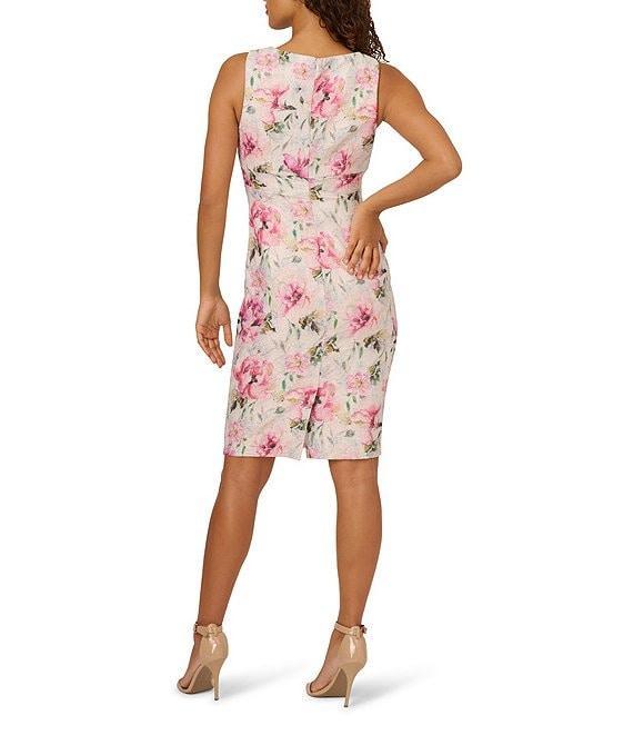 Adrianna Papell Jacquard Floral Print Asymmetrical Neck Sleeveless Sheath Mini Dress Product Image