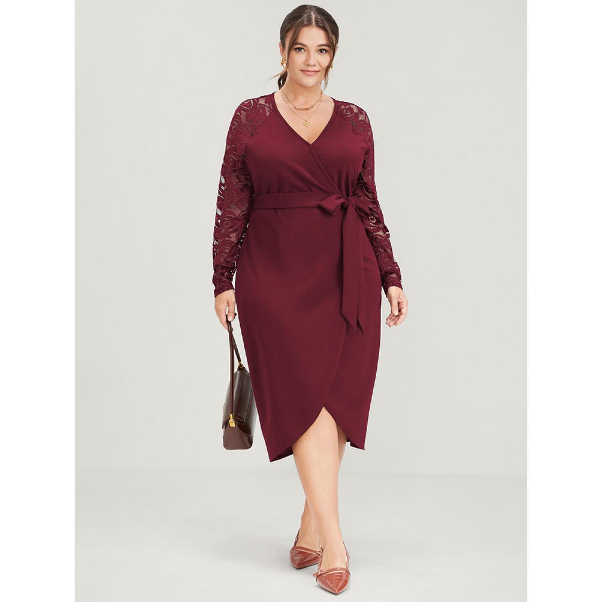 Plus Size Solid Button Eyelet Lace Belted Wrap Knee Dress Burgundy Women Elegant Cross straps V-neck Long Sleeve Curvy Midi Dress BloomChic 18-20/2X Product Image