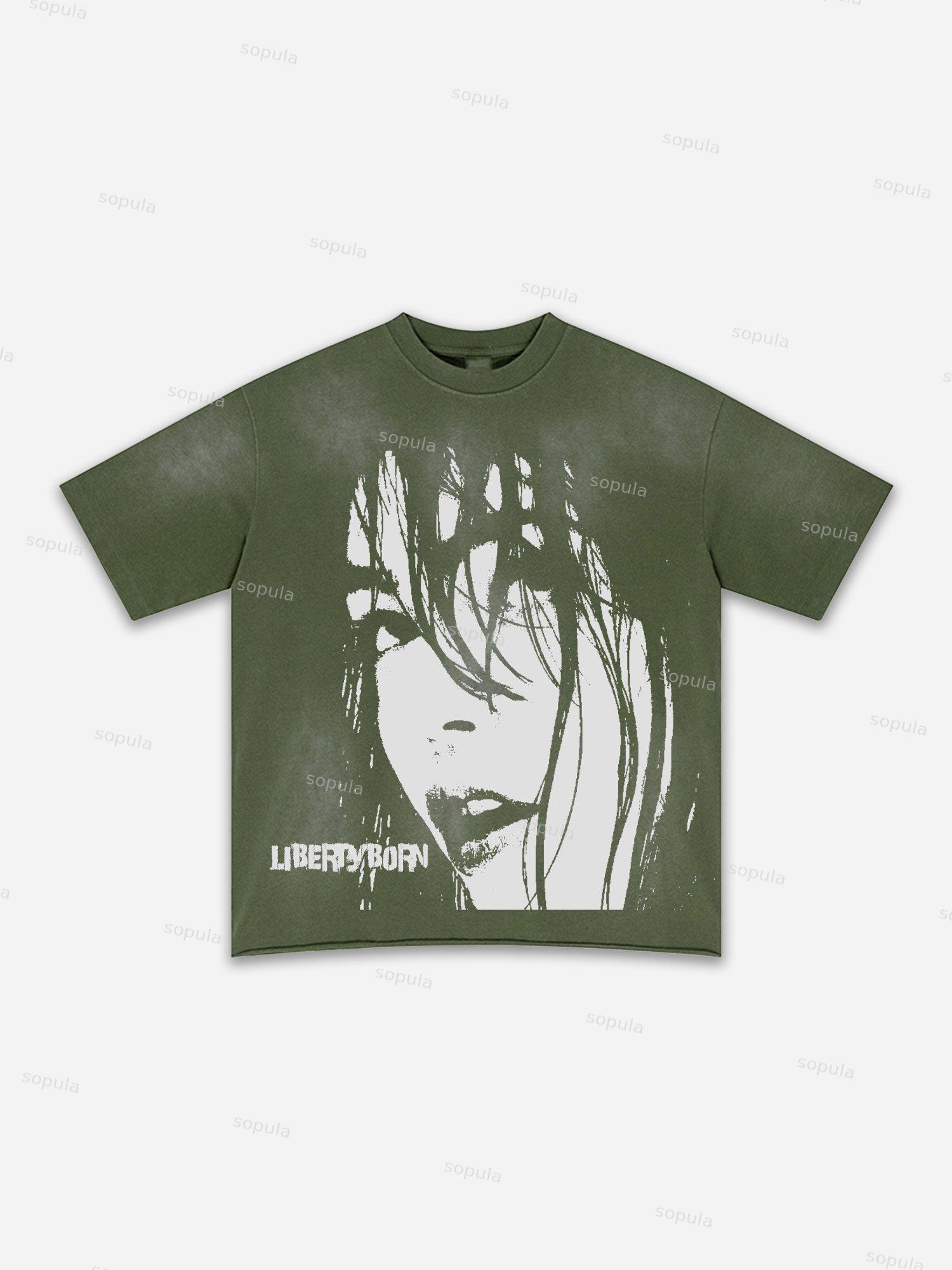 Authentic Abstract Portrait Print Washed T-shirt Product Image