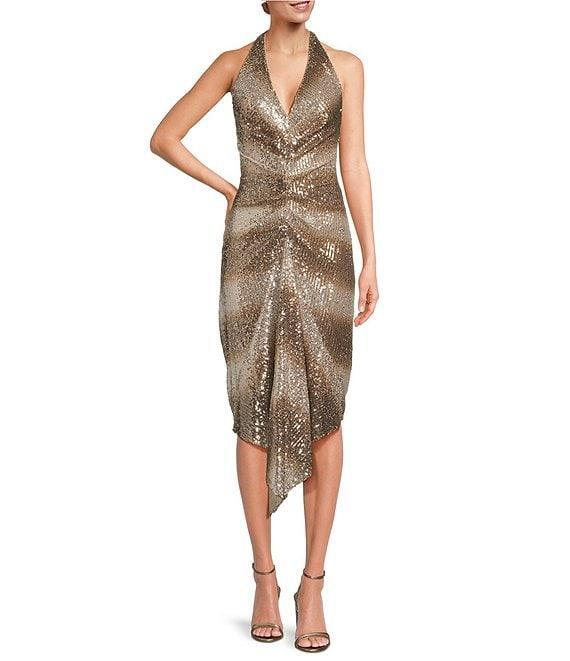 Belle by Badgley Mischka Julia Sequin Ruched Ombre Halter Neck Sleeveless Drape Front Midi Dress Product Image