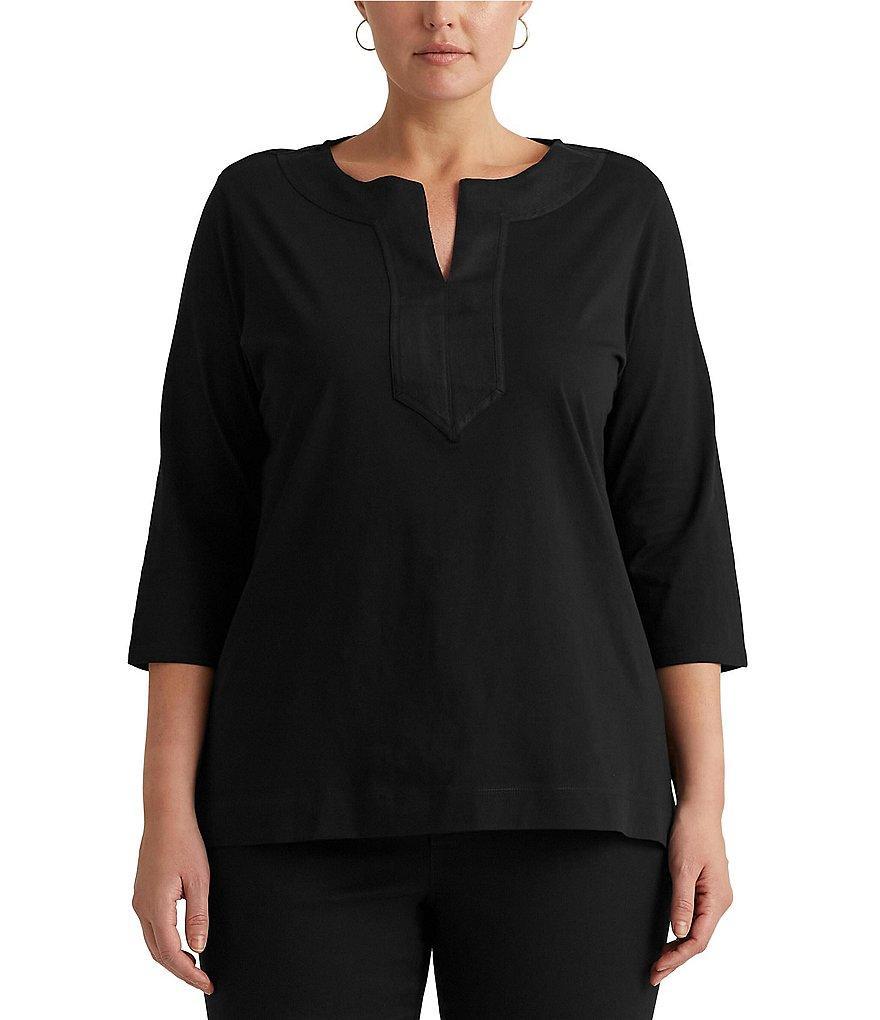 Lauren Ralph Lauren Plus Size Split Round Neck 3/4 Sleeve Woven Trim Knit Top Product Image