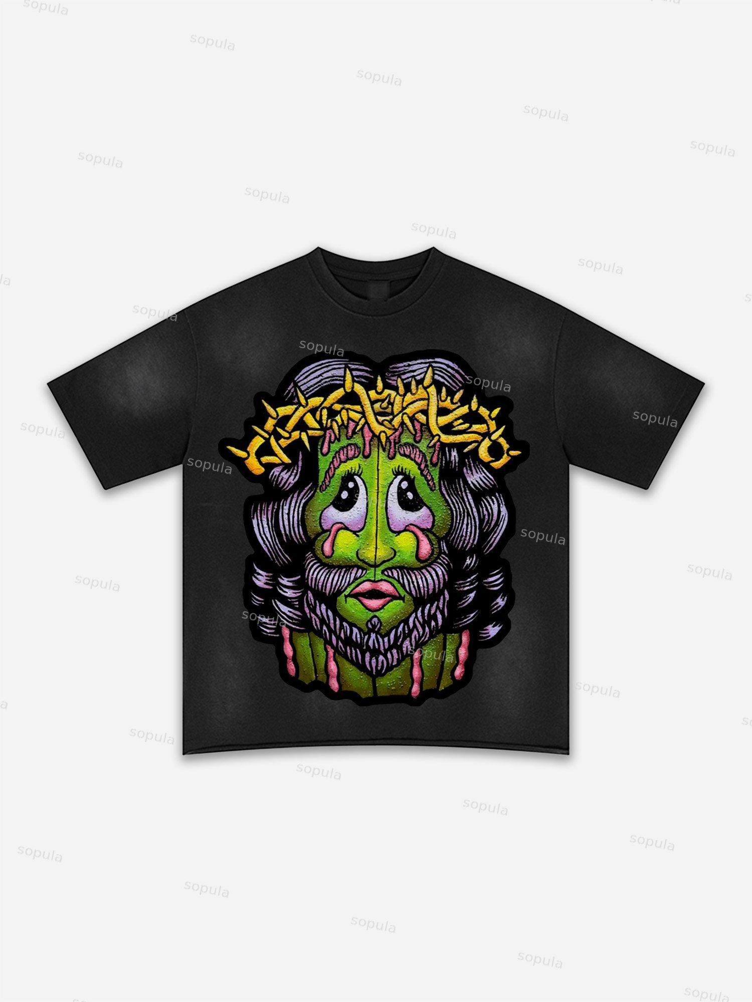 Authentic Abstract Portrait Print Washed T-shirt Product Image