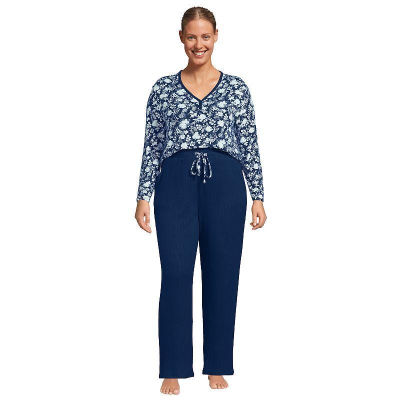 Womens Lands End Cozy Long Sleeve Pajama Top & Pajama Pants Sleep Set Blue Classic Floral Product Image