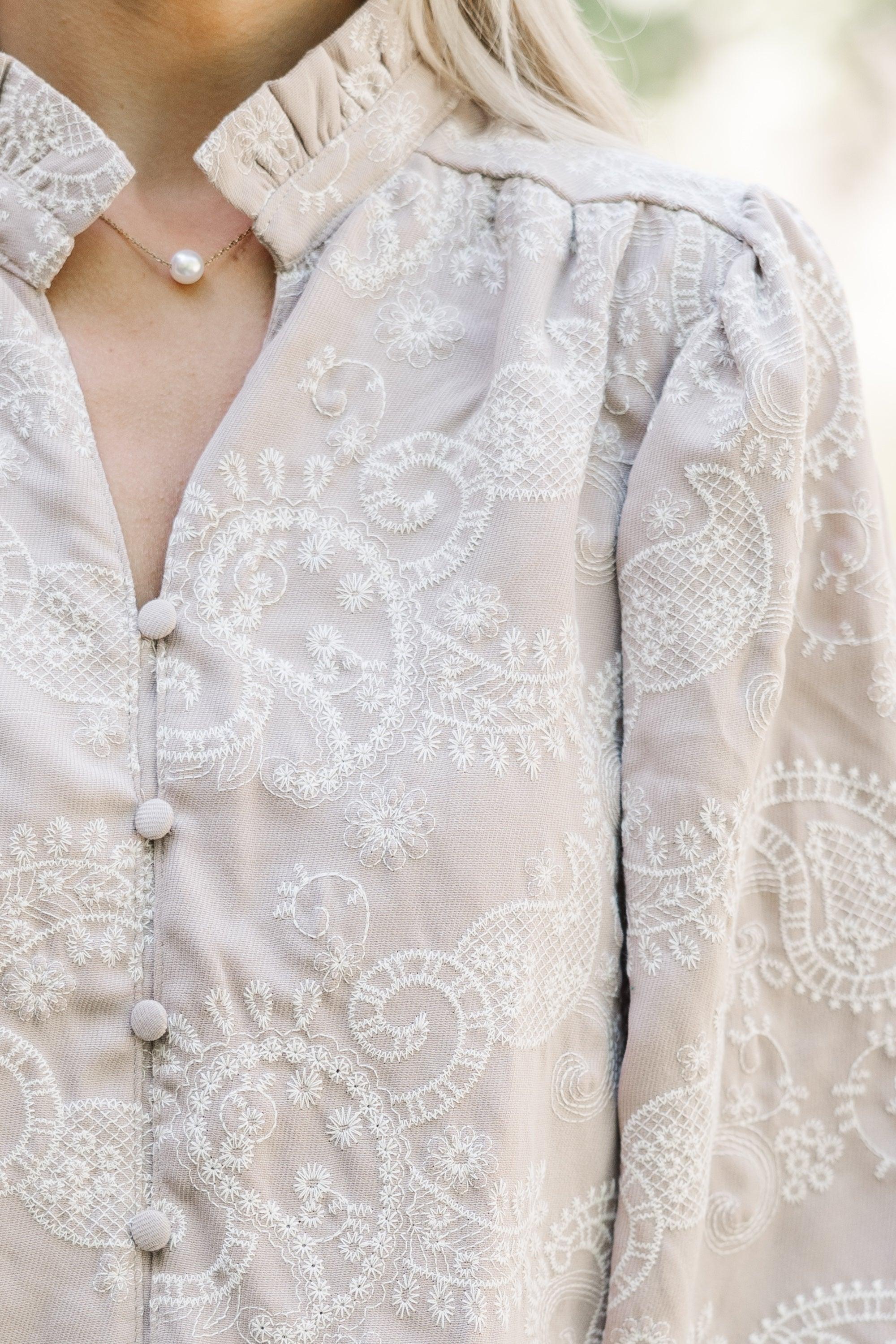 In Your Feelings Taupe Embroidered Paisley Blouse Female Product Image