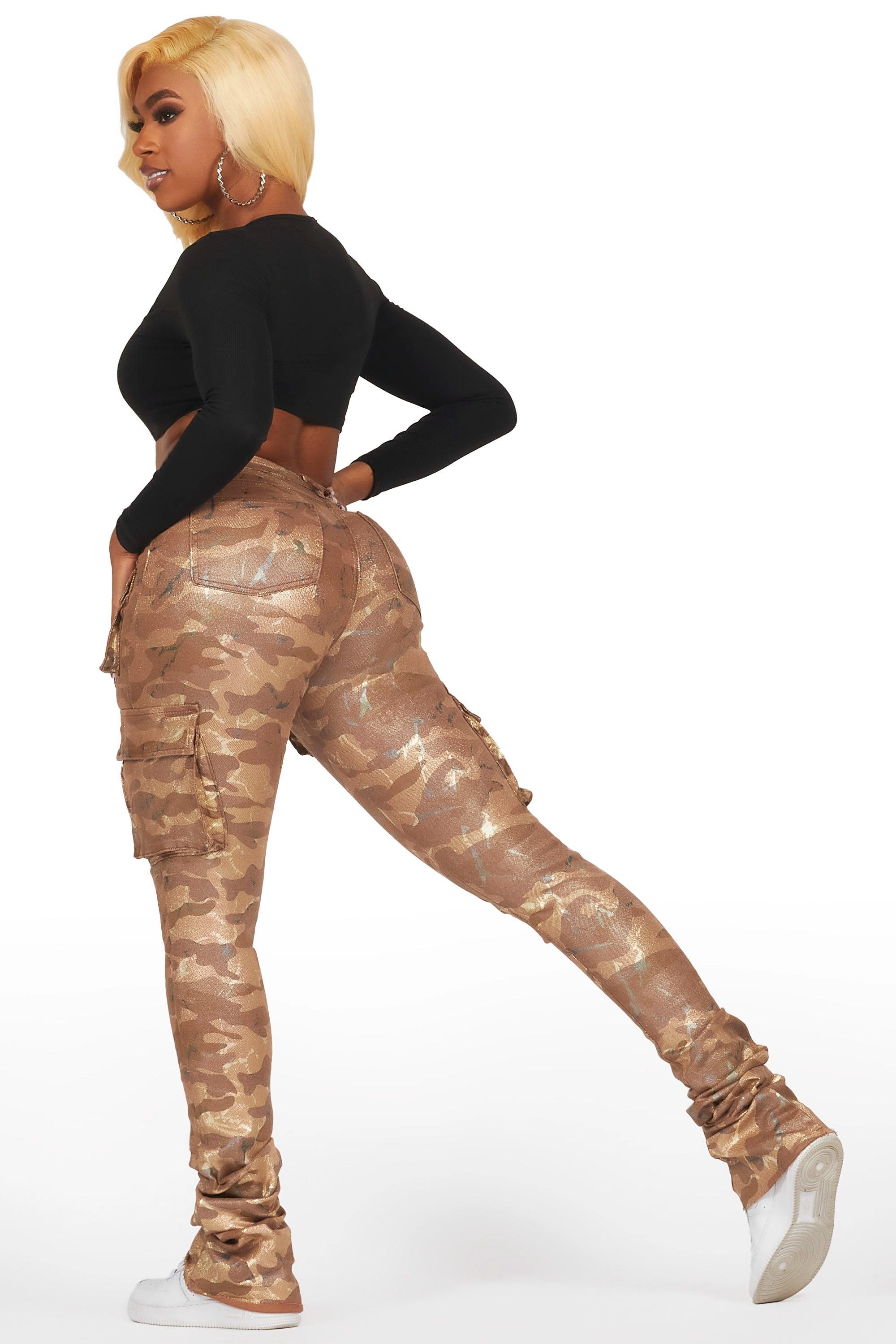 Miyah Brown Camo Cargo Super Stacked PU Pant Female Product Image